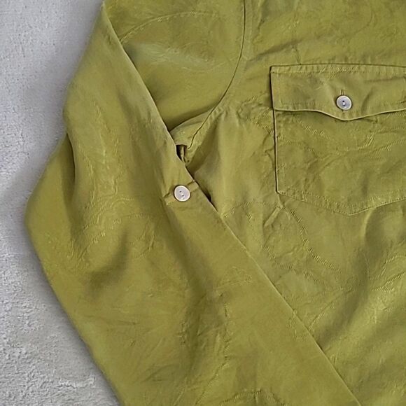 Chicos Design Women's Silk Collared Blouse Green Size 0 Roll Tab Sleeve Floral - Picture 6 of 12